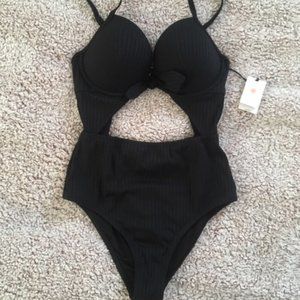 Tie Front Cut Out One Piece Swimsuit- Black